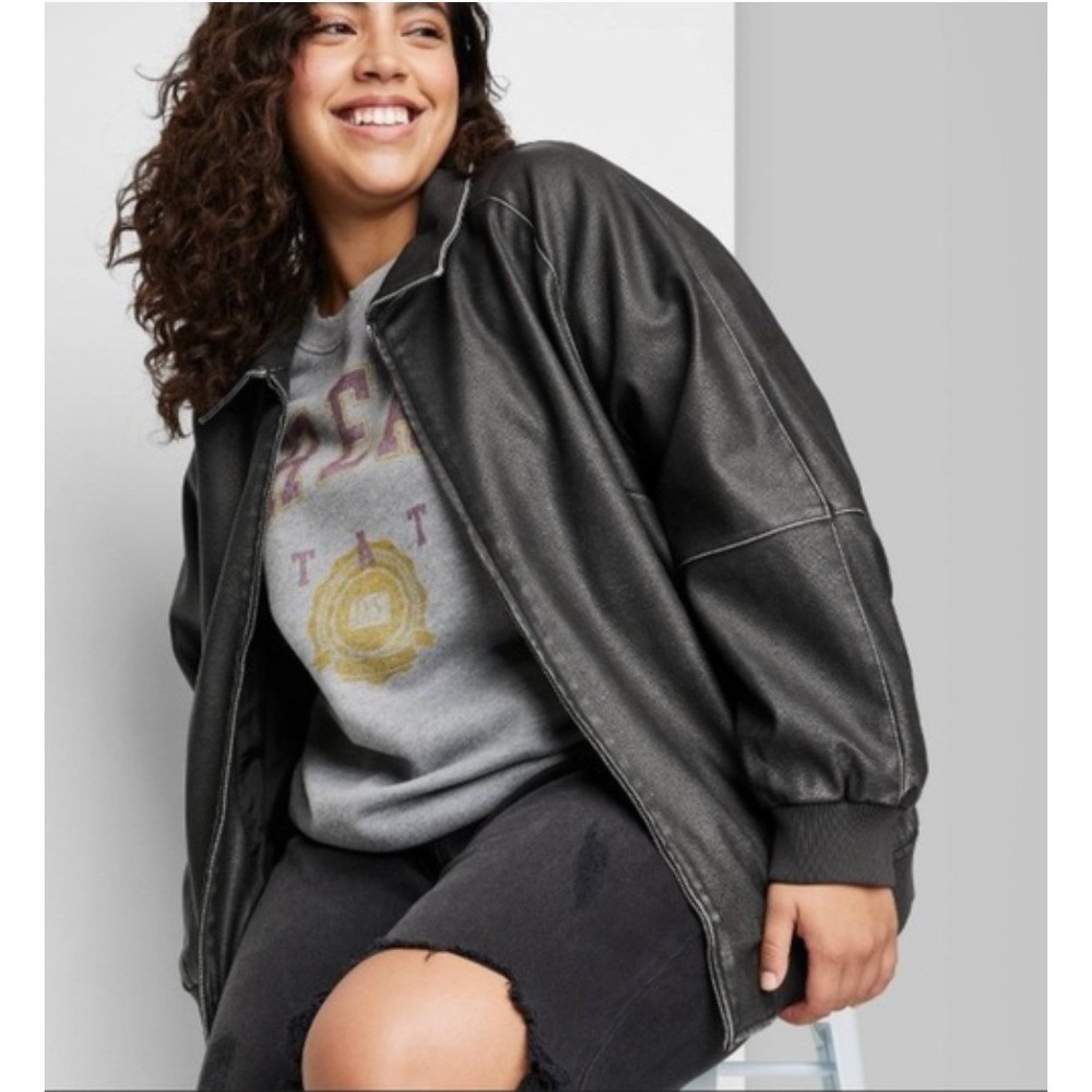 Wild Fable Womens XXL Faux Leather Bomber Jacket Black Distressed Full Zip NWT - Picture 2 of 7